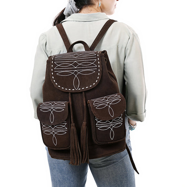 ADBG1640 American Darling Western Genuine Suede Leather Backpack Bag with Buck Stitching & Tassel Accents