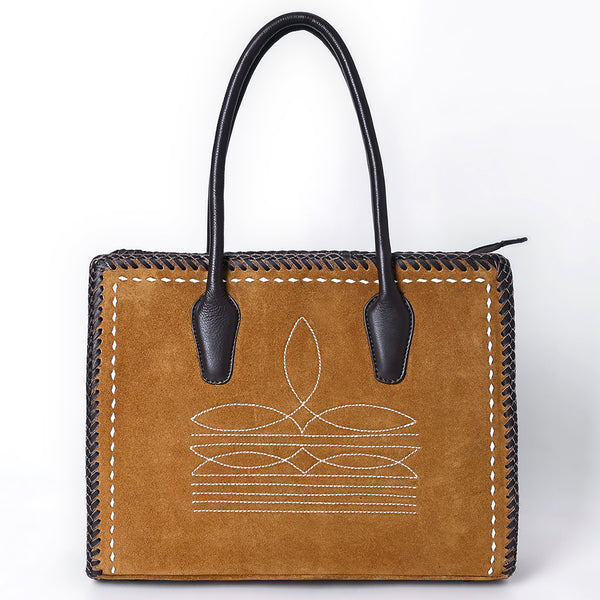 ADBGM484 Genuine suede Western Tote - White Stitch Detail with Braided Trim & Black Leather Handles