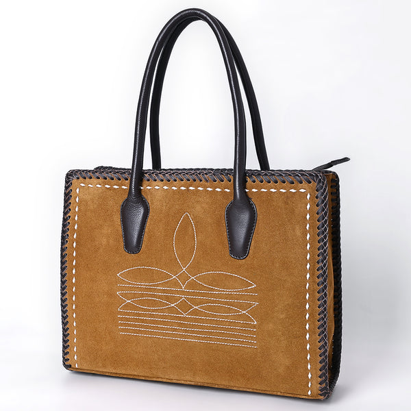 ADBGM484 Genuine suede Western Tote - White Stitch Detail with Braided Trim & Black Leather Handles