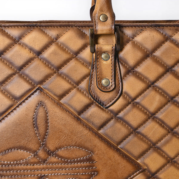 ADBGM542 Western Quilted Leather Tote Bag - Structured Cowgirl Handbag with Diamond Stitch Patch