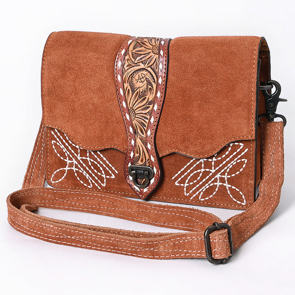 ADBG1646 American Darling Western Leather Cross Body Bag with Genuine Suede Body and Hand-Tooled Accent Strap