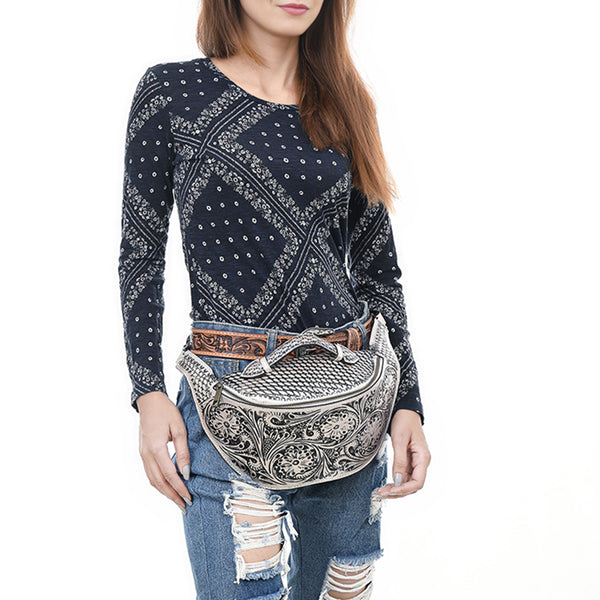 ADBGZ829 Hand-Tooled Leather Western Belt Bag - Floral Fanny Pack with Adjustable Strap