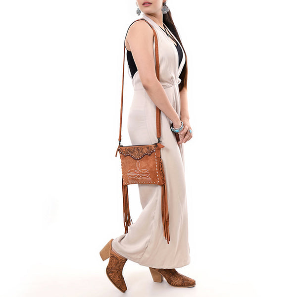 ADBG1648 American Darling Western Genuine Suede Leather Cross Body Bag with Fringes and Hand-Tooled Accents