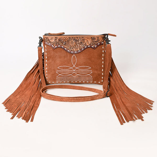 ADBG1648 American Darling Western Genuine Suede Leather Cross Body Bag with Fringes and Hand-Tooled Accents