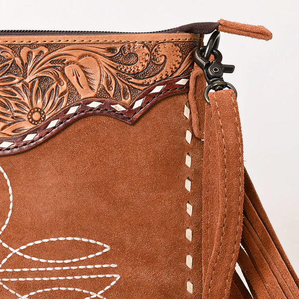 ADBG1648 American Darling Western Genuine Suede Leather Cross Body Bag with Fringes and Hand-Tooled Accents