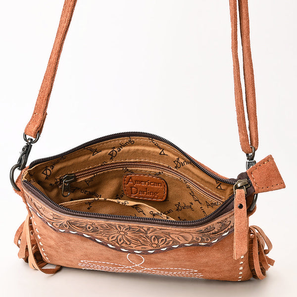 ADBG1648 American Darling Western Genuine Suede Leather Cross Body Bag with Fringes and Hand-Tooled Accents