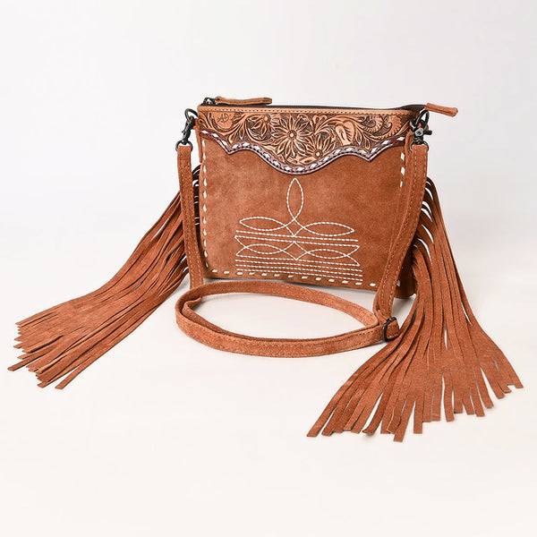 ADBG1648 American Darling Western Genuine Suede Leather Cross Body Bag with Fringes and Hand-Tooled Accents