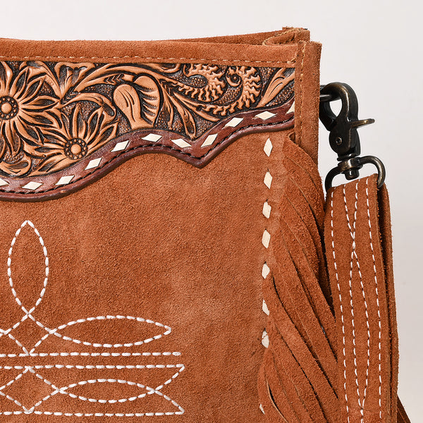 ADBG1651 American Darling Western Genuine Suede Leather Hand-Tooled Crossbody Bag with Fringe Handcrafted Genuine Design