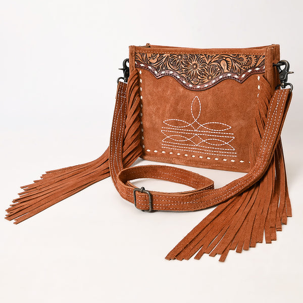 ADBG1651 American Darling Western Genuine Suede Leather Hand-Tooled Crossbody Bag with Fringe Handcrafted Genuine Design
