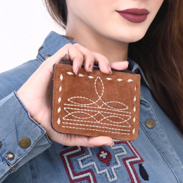 ADBG1655 American Darling Western Genuine Suede Leather Card Holder with Buck Stitching Handcrafted Compact Design