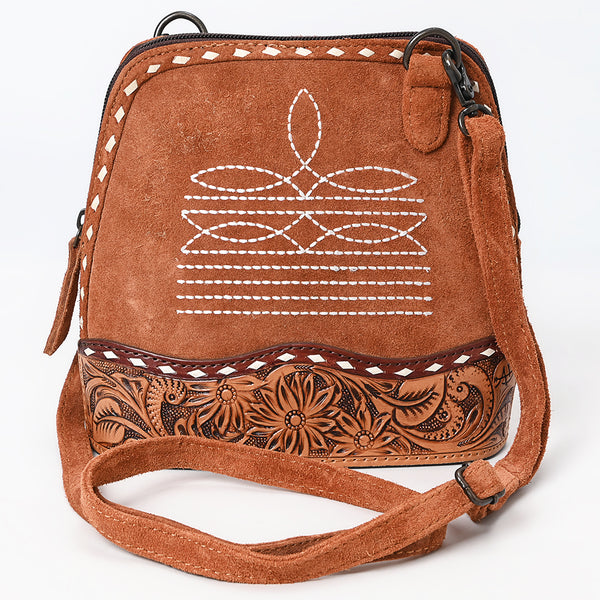 ADBG1659 American Darling Handcrafted Western Genuine Suede Leather Crossbody Bag with Tooled Panel & Buck-Stitched Detail