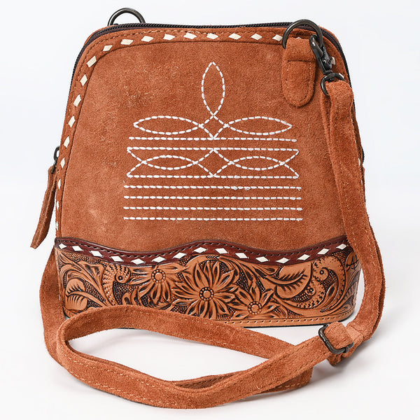 ADBG1659 American Darling Handcrafted Western Genuine Suede Leather Crossbody Bag with Tooled Panel & Buck-Stitched Detail