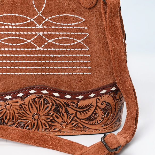ADBG1659 American Darling Handcrafted Western Genuine Suede Leather Crossbody Bag with Tooled Panel & Buck-Stitched Detail