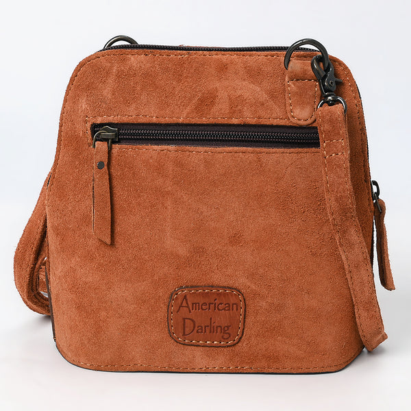 ADBG1659 American Darling Handcrafted Western Genuine Suede Leather Crossbody Bag with Tooled Panel & Buck-Stitched Detail