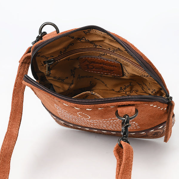 ADBG1659 American Darling Handcrafted Western Genuine Suede Leather Crossbody Bag with Tooled Panel & Buck-Stitched Detail