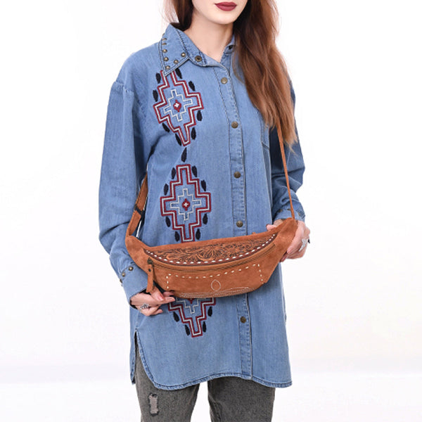 ADBG1660 American Darling Handcrafted Western Leather Fanny Pack with Buck-Stitched Genuine Suede & Tooled Accents