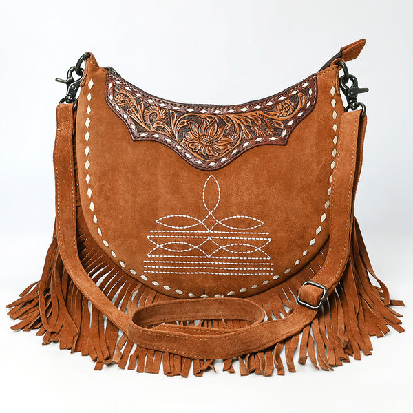 ADBG1663 American Darling Western Genuine Suede Leather Large Crossbody Bag with Fringe & Hand-Tooled Details