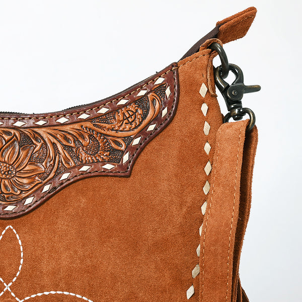 ADBG1663 American Darling Western Genuine Suede Leather Large Crossbody Bag with Fringe & Hand-Tooled Details
