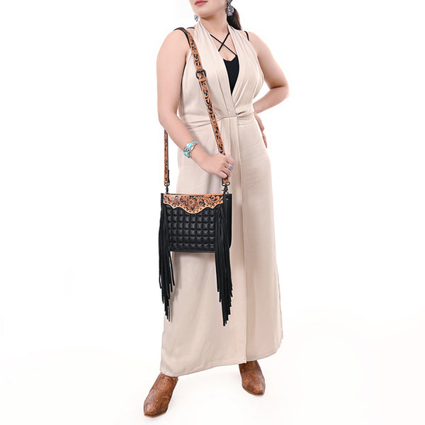 ADBG1664 American Darling Black Genuine Leather Crossbody Bag with Hand-Tooled Details and Fringes