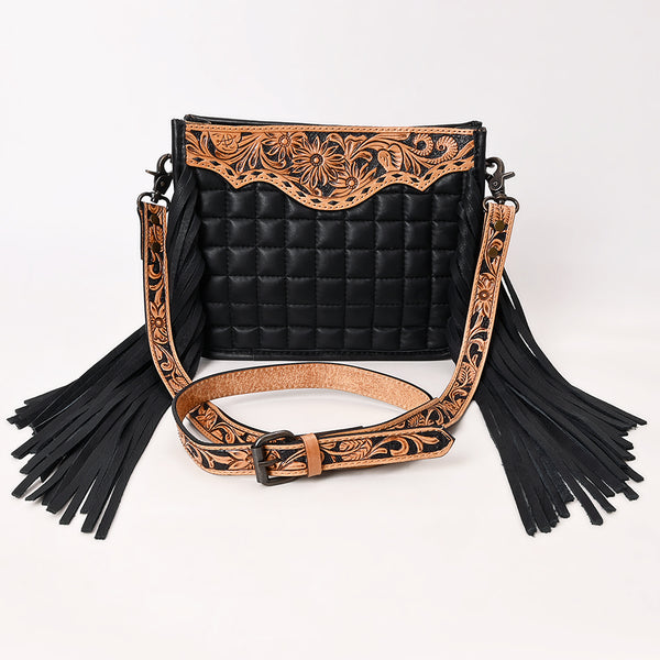 ADBG1664 American Darling Black Genuine Leather Crossbody Bag with Hand-Tooled Details and Fringes