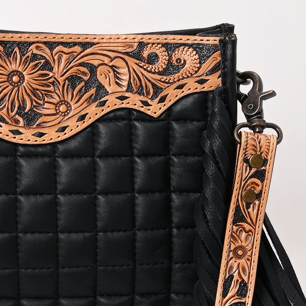 ADBG1664 American Darling Black Genuine Leather Crossbody Bag with Hand-Tooled Details and Fringes