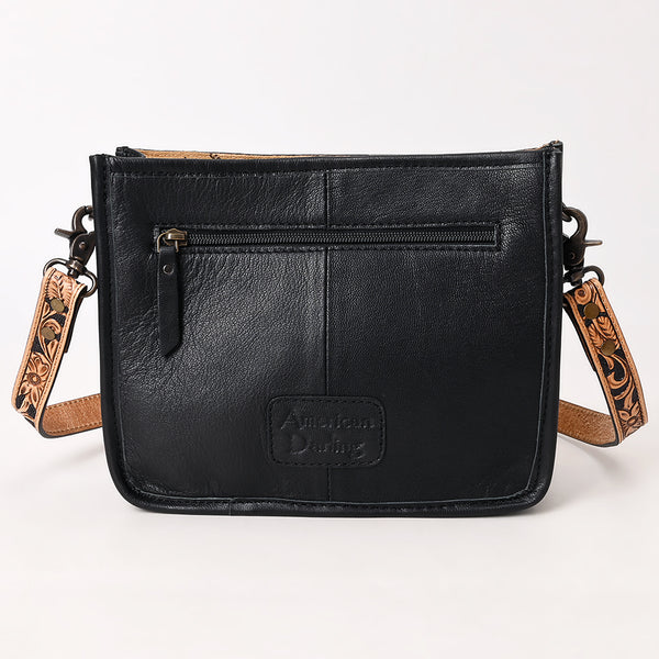 ADBG1664 American Darling Black Genuine Leather Crossbody Bag with Hand-Tooled Details and Fringes