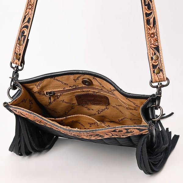 ADBG1664 American Darling Black Genuine Leather Crossbody Bag with Hand-Tooled Details and Fringes