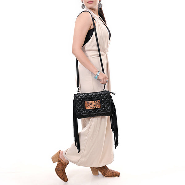 ADBG1665 Black Quilted Leather Crossbody Bag with Fringe and Hand-Tooled Panel American Darling