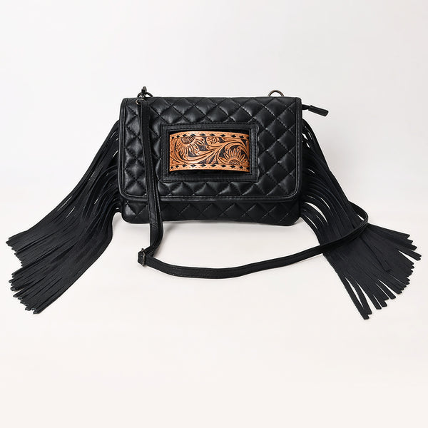 ADBG1665 Black Quilted Leather Crossbody Bag with Fringe and Hand-Tooled Panel American Darling