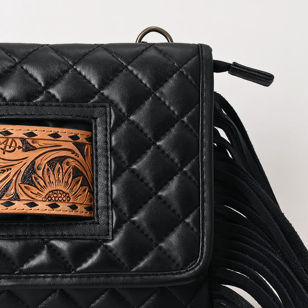 ADBG1665 Black Quilted Leather Crossbody Bag with Fringe and Hand-Tooled Panel American Darling
