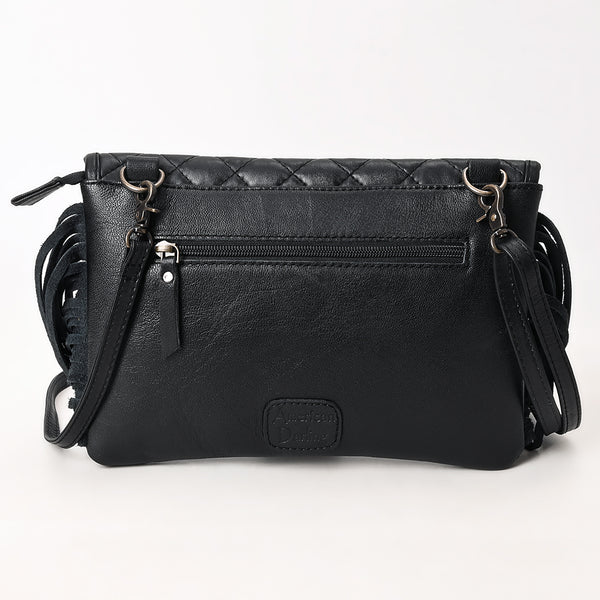 ADBG1665 Black Quilted Leather Crossbody Bag with Fringe and Hand-Tooled Panel American Darling