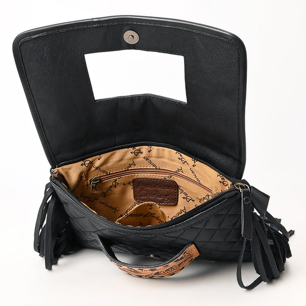 ADBG1665 Black Quilted Leather Crossbody Bag with Fringe and Hand-Tooled Panel American Darling