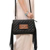 ADBG1665 Black Quilted Leather Crossbody Bag with Fringe and Hand-Tooled Panel American Darling