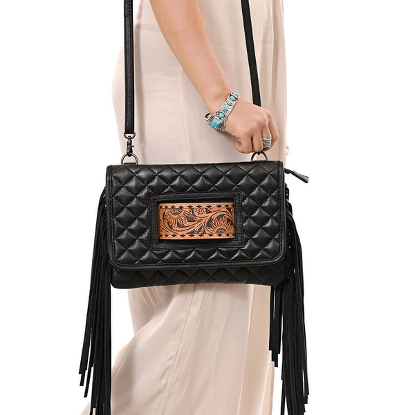 ADBG1665 Black Quilted Leather Crossbody Bag with Fringe and Hand-Tooled Panel American Darling