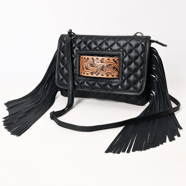 ADBG1665 Black Quilted Leather Crossbody Bag with Fringe and Hand-Tooled Panel American Darling