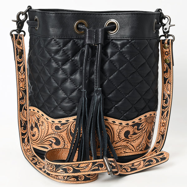 ADBG1670 American Darling Hand-Tooled Floral Western Leather Bucket Bag - Quilted Tassels