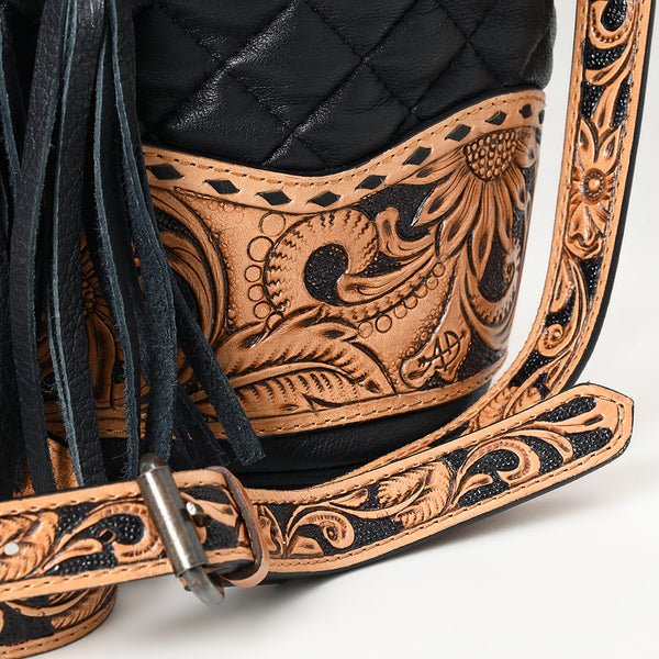 ADBG1670 American Darling Hand-Tooled Floral Western Leather Bucket Bag - Quilted Tassels