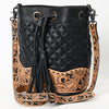 ADBG1670 American Darling Hand-Tooled Floral Western Leather Bucket Bag - Quilted Tassels