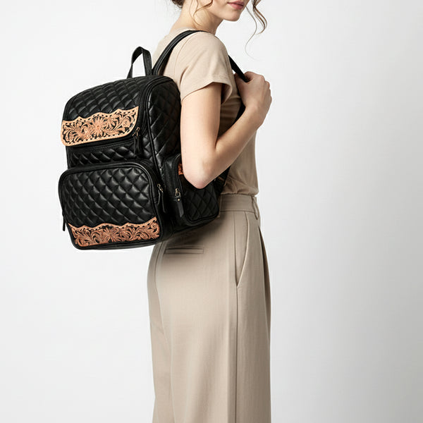 ADBG1674 American Darling Hand-Tooled Floral Black Western Leather Backpack Bag - Quilted Travel Purse