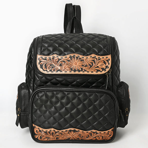 ADBG1674 American Darling Hand-Tooled Floral Black Western Leather Backpack Bag - Quilted Travel Purse