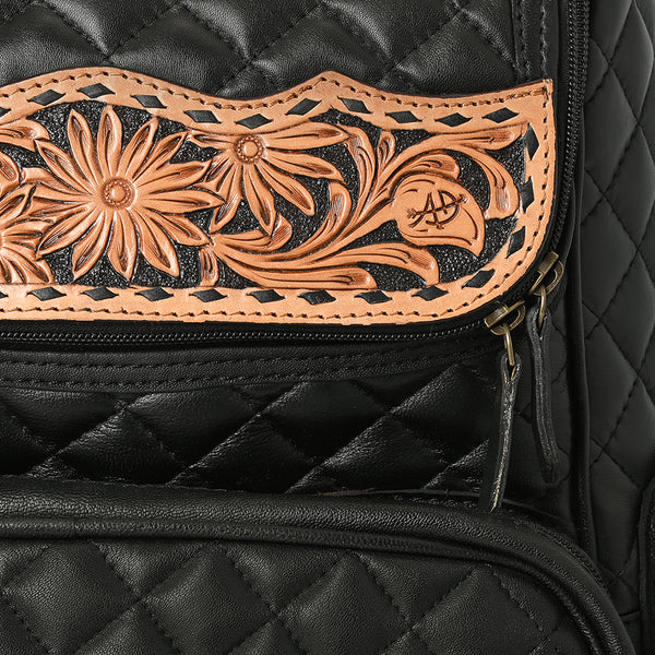ADBG1674 American Darling Hand-Tooled Floral Black Western Leather Backpack Bag - Quilted Travel Purse