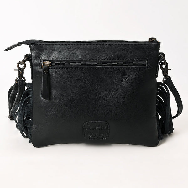 ADBG1683 American Darling Quilted Leather Crossbody Black | Tooled Flap Fringe Purse