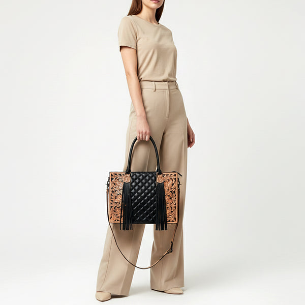 ADBG1690 American Darling Cowhide & Hand-Tooled Leather Tote | Fringe Shoulder Bag