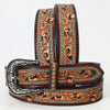 ADBLF110 Tooled Leather Western Belt - Floral Scroll with Turquoise Stud Accents
