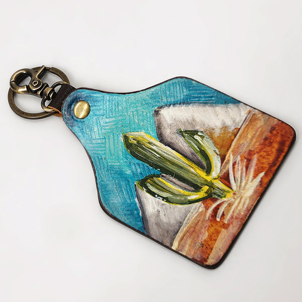 ADKRM134 Hand-Painted Leather Keyring Desert Cactus & Mountain Scene