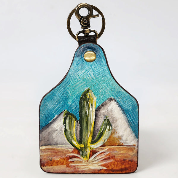 ADKRM134 Hand-Painted Leather Keyring Desert Cactus & Mountain Scene