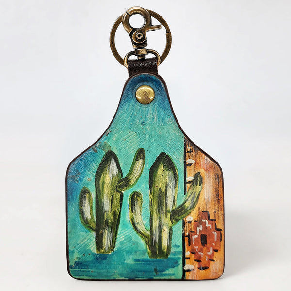 ADKRM137 Hand-Painted Leather Keyring Twin Cactus & Aztec Blanket Design