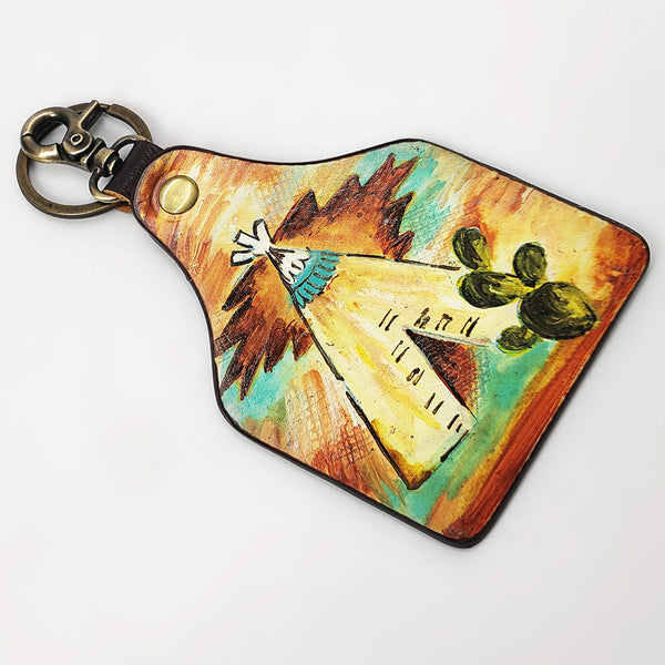 ADKRM138 Hand-Painted Tipi Leather Keyring Western Tribal Landscape Art