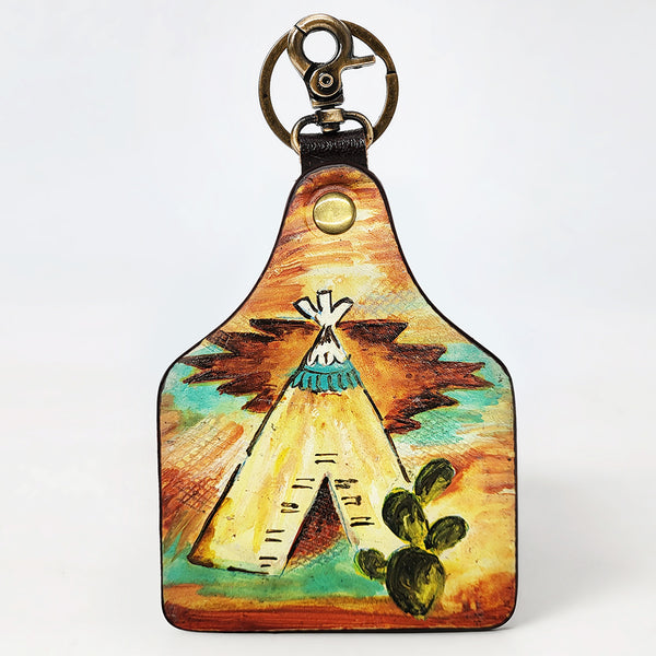 ADKRM138 Hand-Painted Tipi Leather Keyring Western Tribal Landscape Art