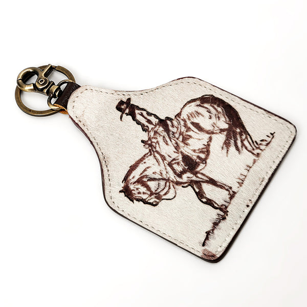 ADKRM142 Cowboy & Horse Cowhide Leather Keyring Hand-Tooled Western Silhouette